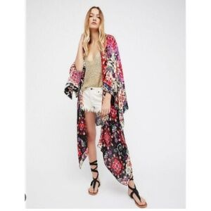 Free People Kimono Boho Festival Asymmetrical Floral Long Duster Hippie One Size